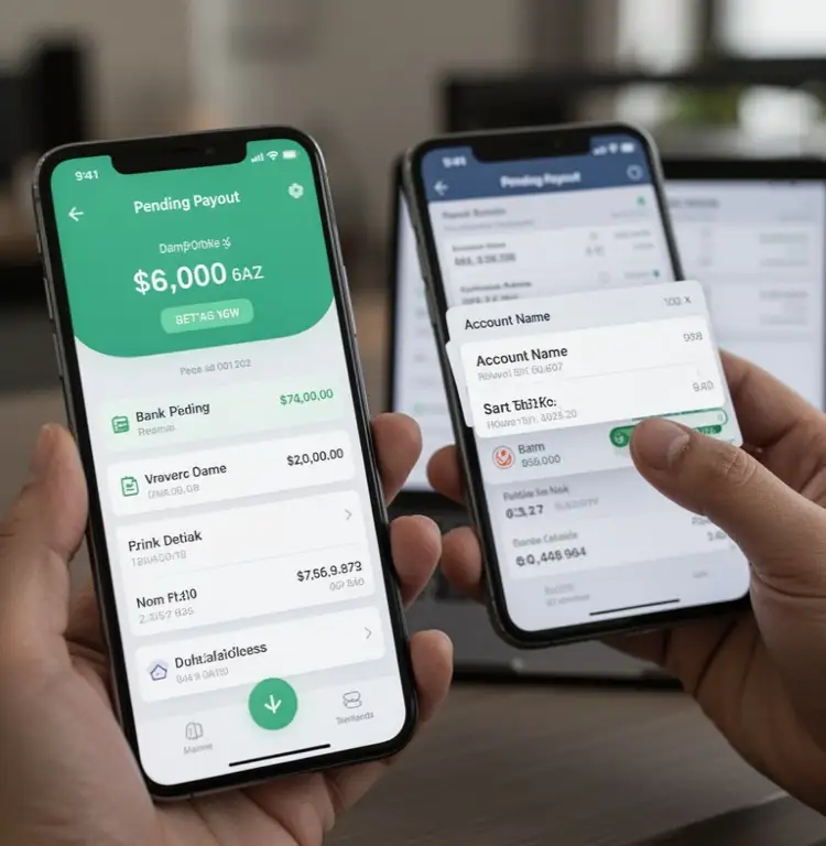 A phone screen shows a pending payout while a player checks the account name against their bank details.