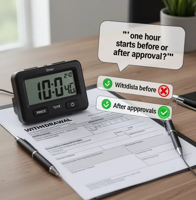 A timer beside a withdrawal form asks whether the one hour starts before or after approval.