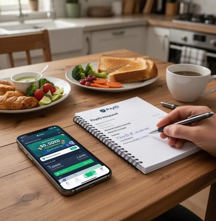 A kitchen table with a phone, banking app, and notebook checking a PayID casino payout before lunch.