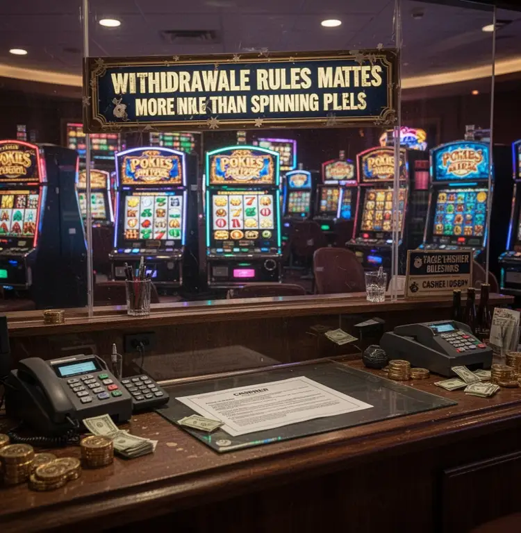 A pokies lobby sits behind a cashier screen where withdrawal rules matter more than the spinning reels.