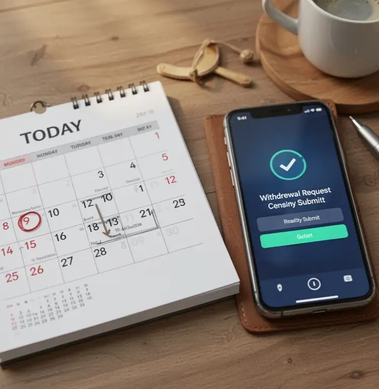 A calendar page marked today sits beside a phone with a withdrawal request ready to submit.